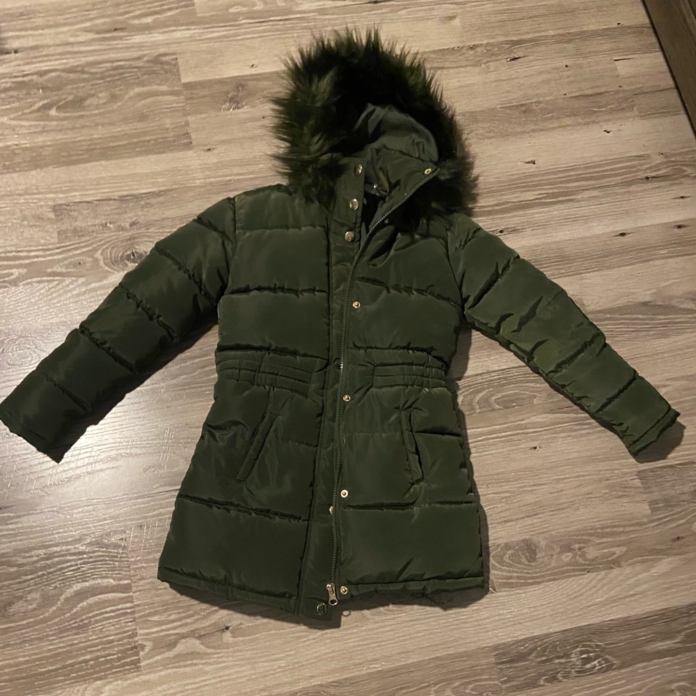 Green Puffer Coat with Fur Hood
